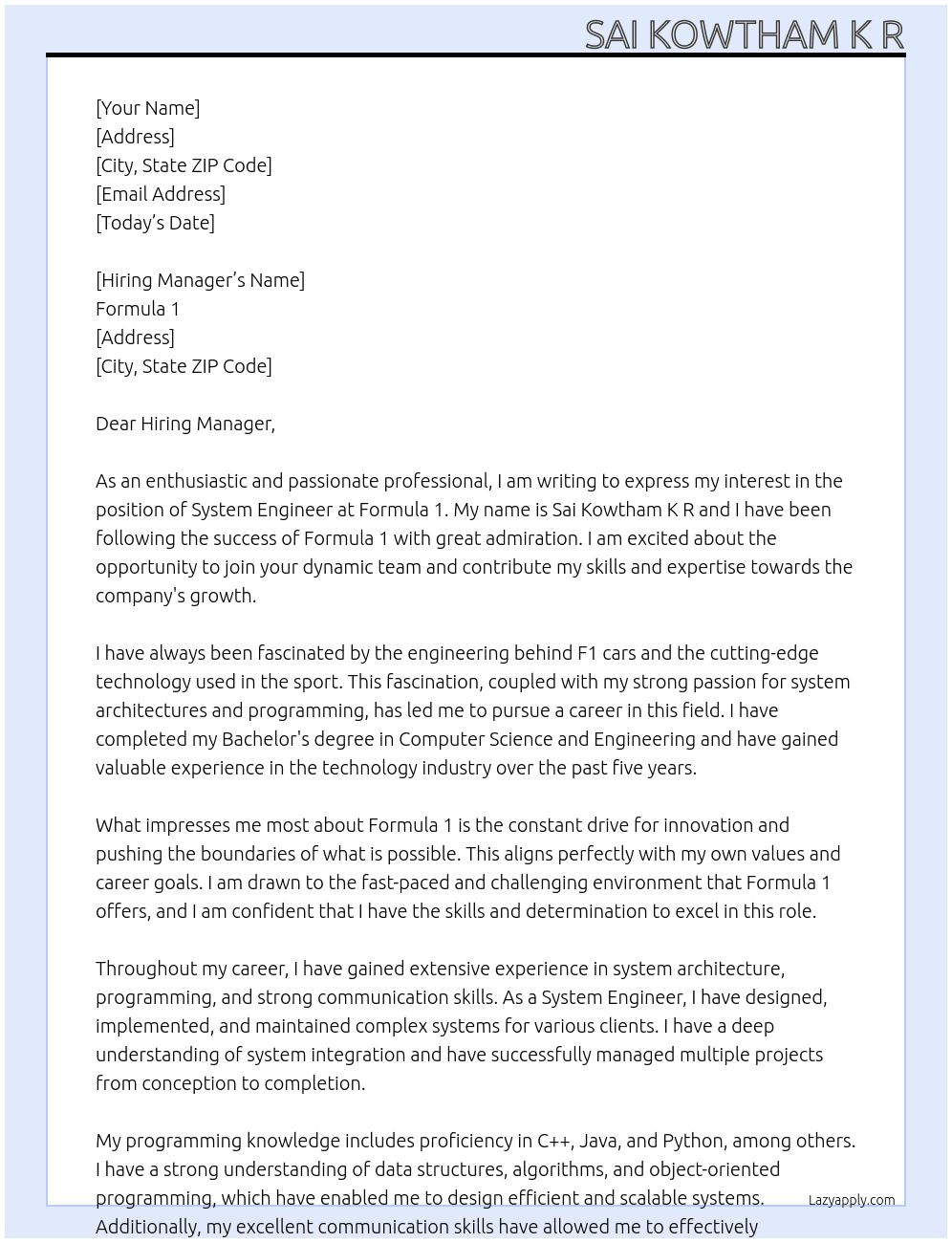 System Engineer  At Formula 1 Cover Letter