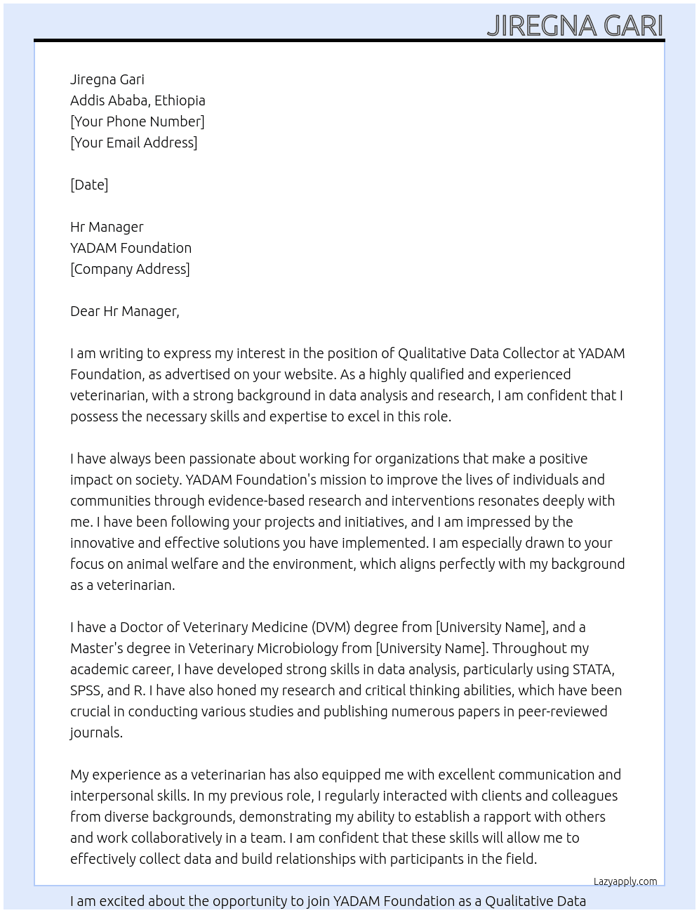 Qualitative Data Collectors At YADAM Foundation Cover Letter
