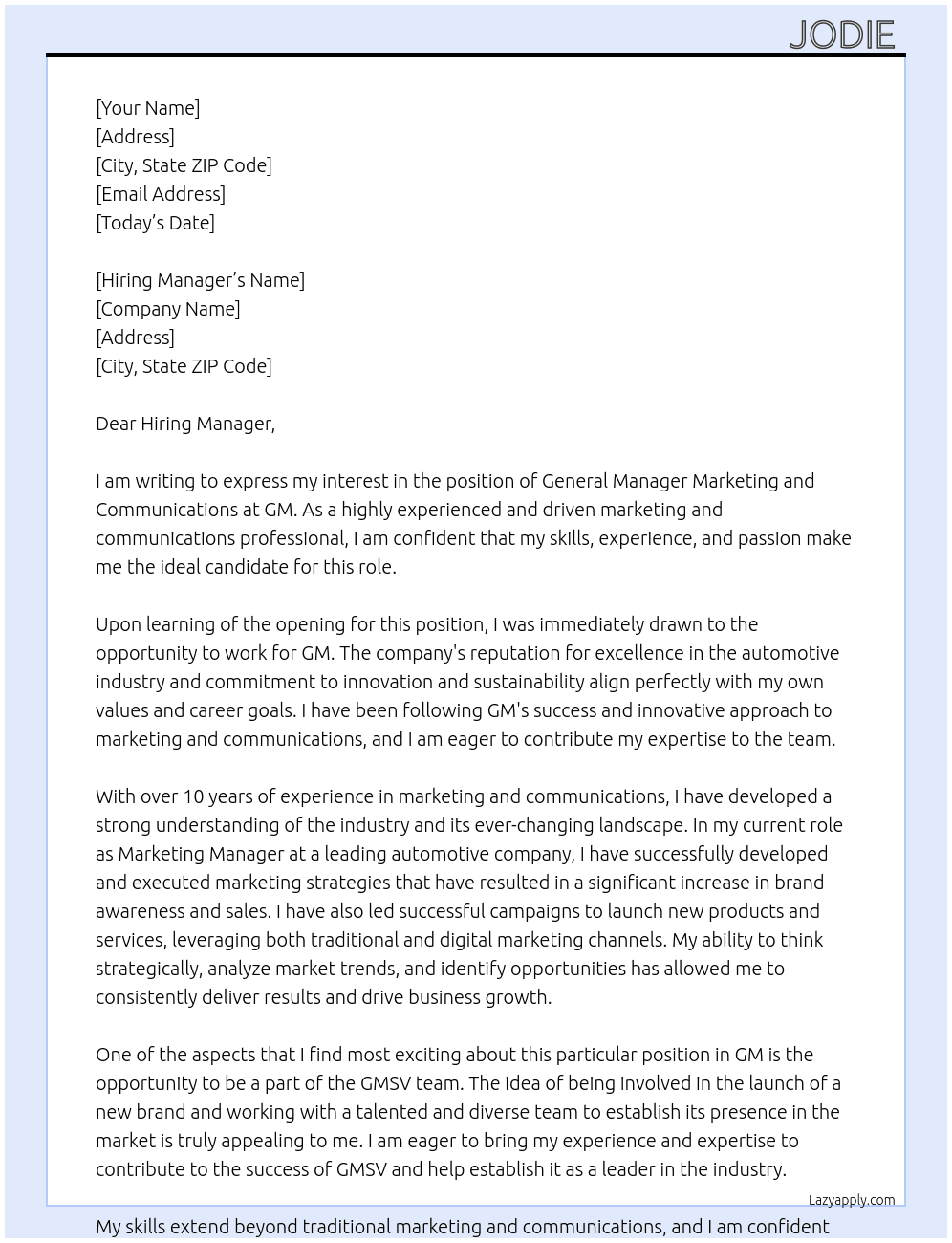 General Manager Marketing and Communications - GMSV At GM Cover Letter