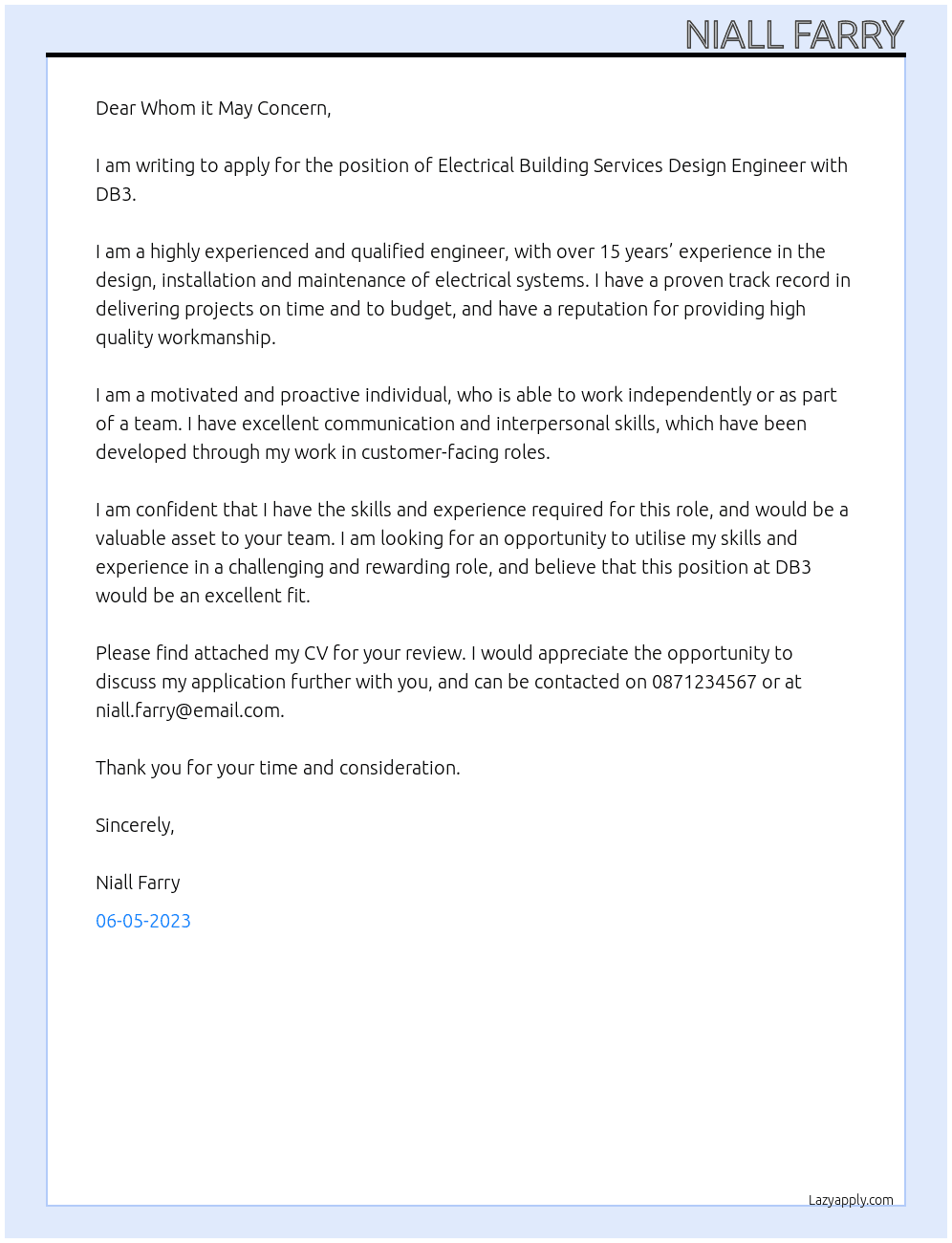 Electrical Building Services Design Engineer At DB3 Cover Letter