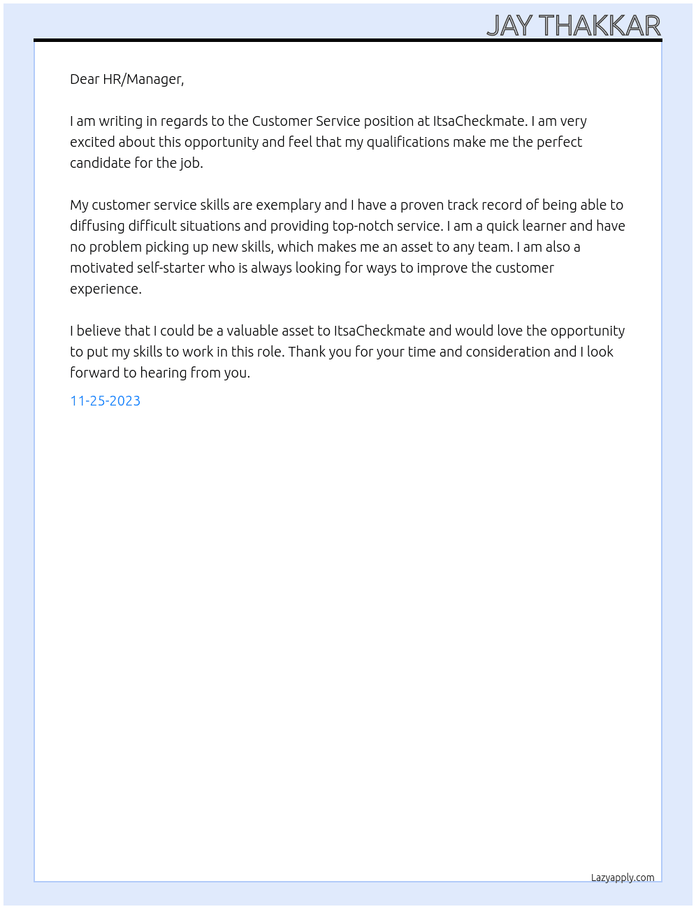  Customer Service At ItsaCheckmate Cover Letter