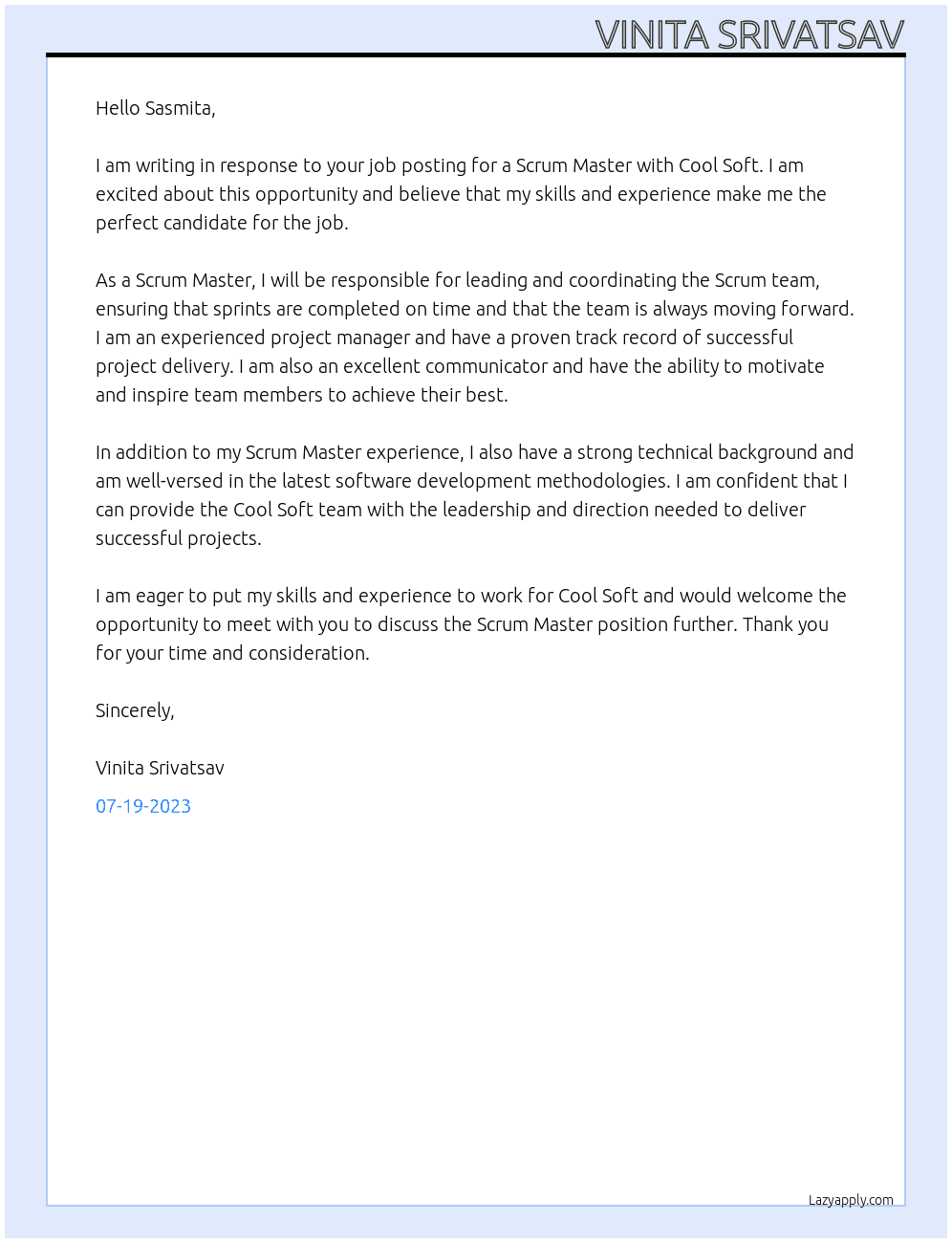Scrum Master At Cool Soft Cover Letter