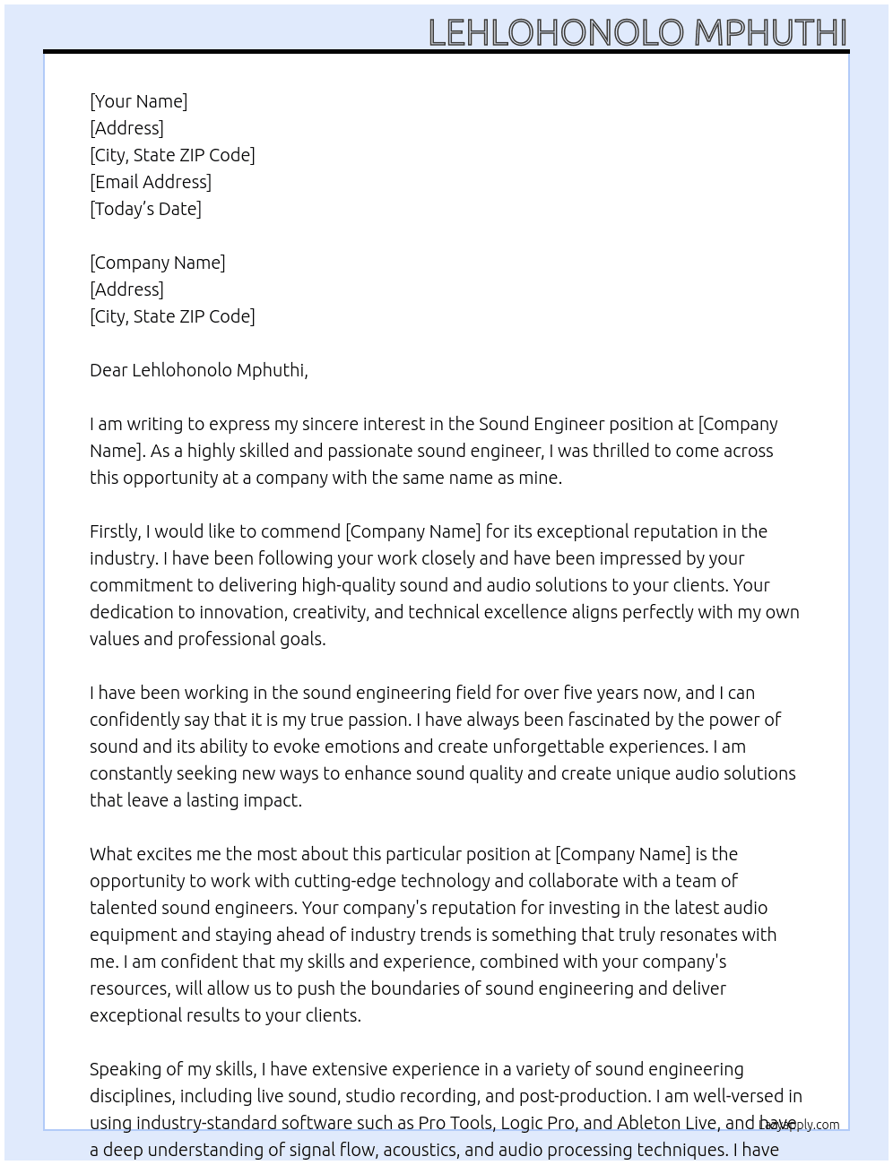 Sound Engineer  At Lehlohonolo Mphuthi Cover Letter