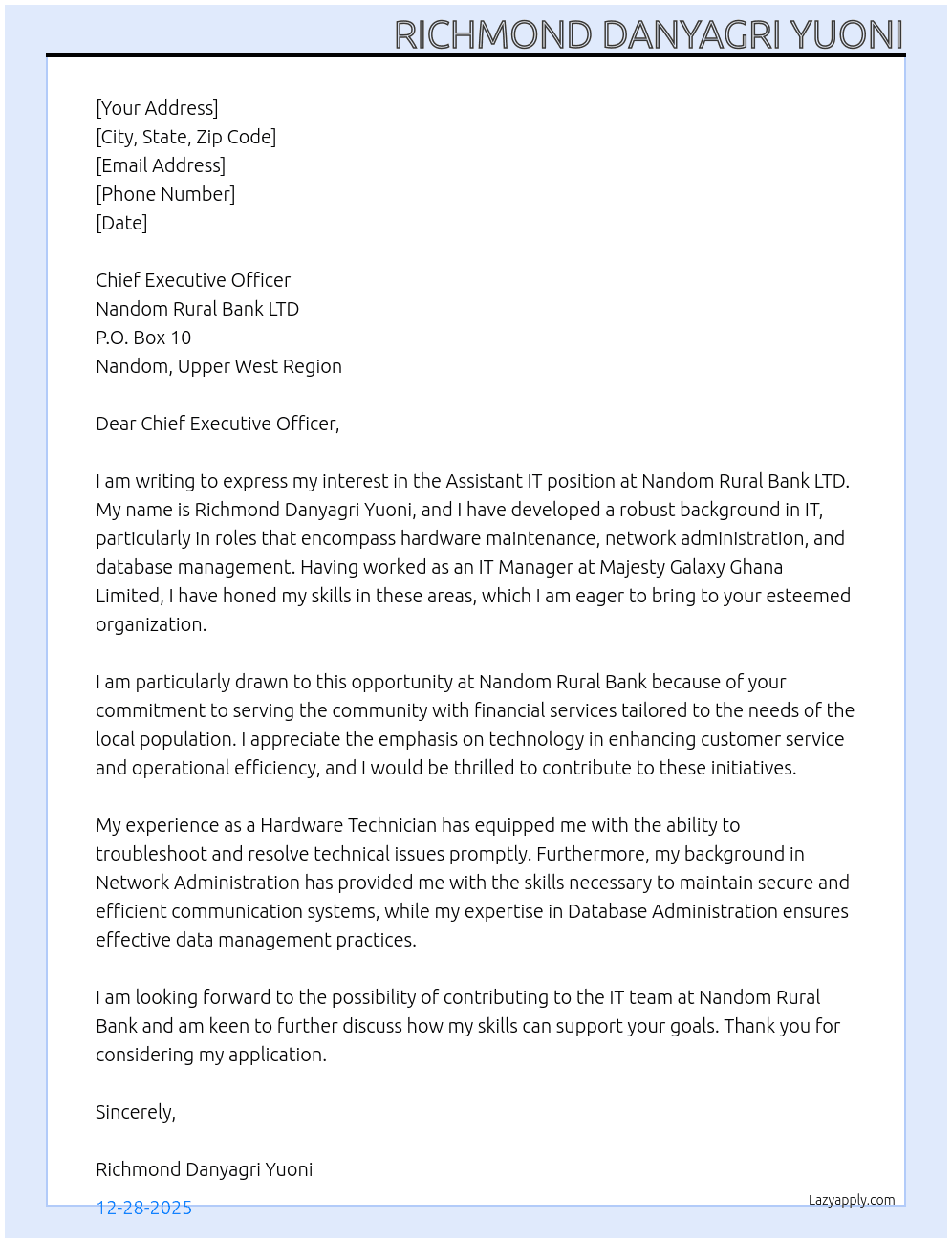 Assistant IT At Nandom Cover Letter