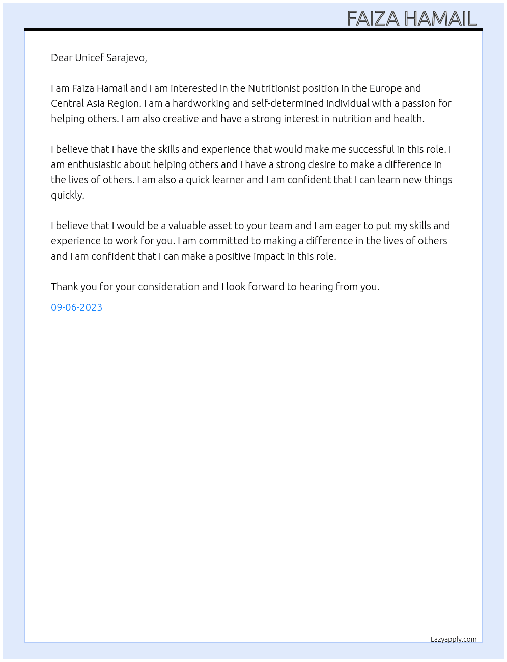 Nutritionist At Europe and central asia region  Cover Letter