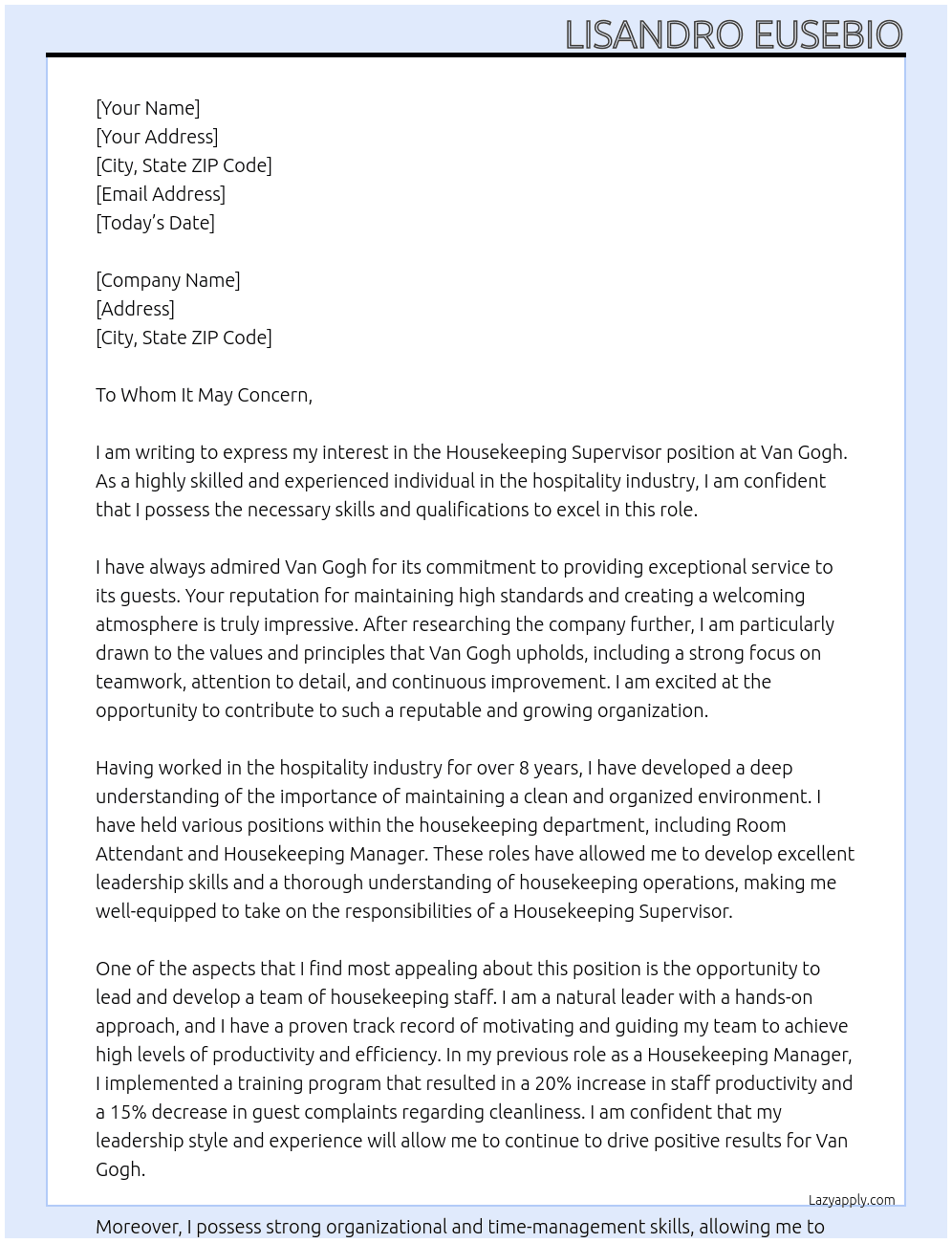 Housekeeping Supervisor At Van Gogh Cover Letter