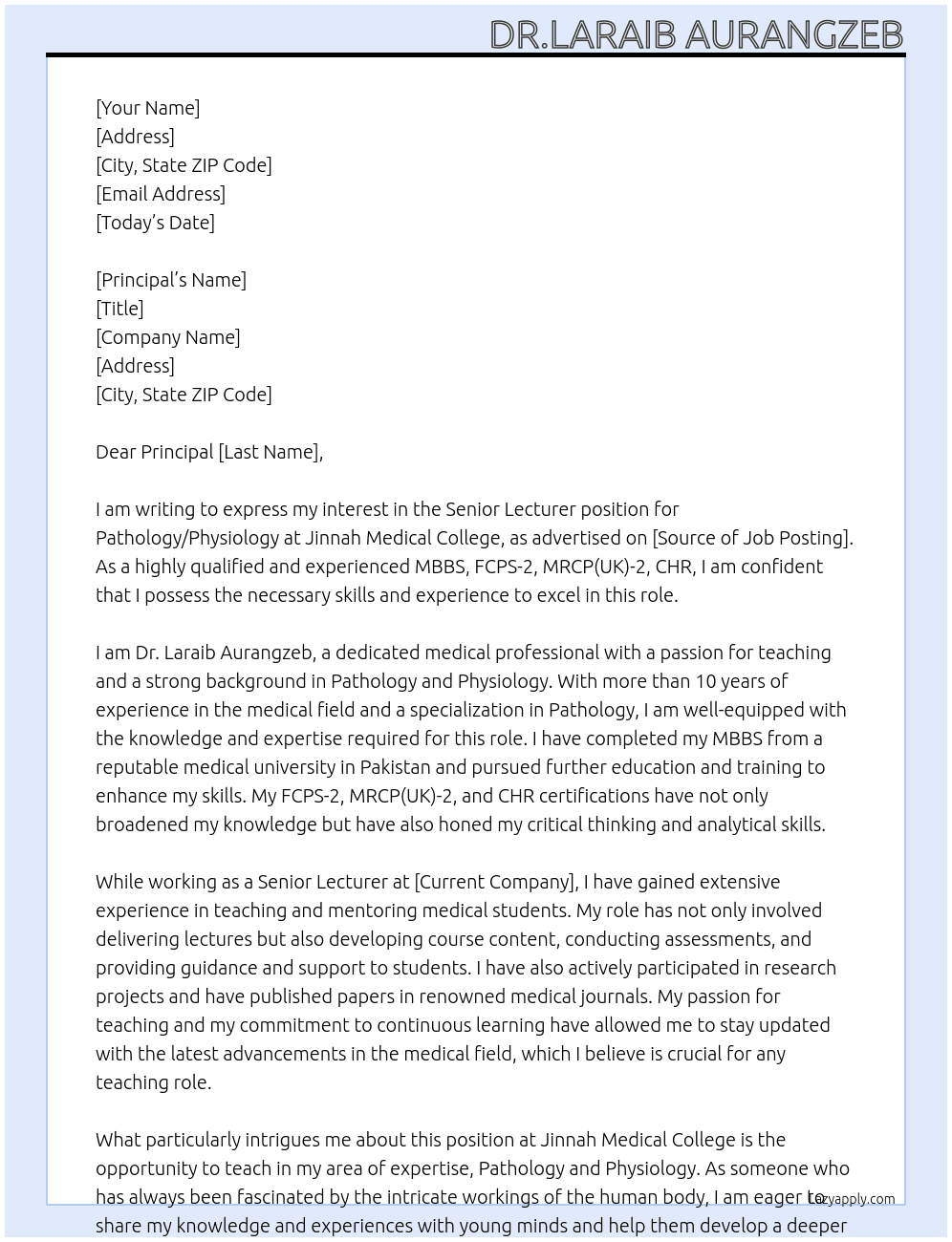 MBBS,FCPS-2,MRCP(UK)-2,CHR At Jinnah Medical College Cover Letter