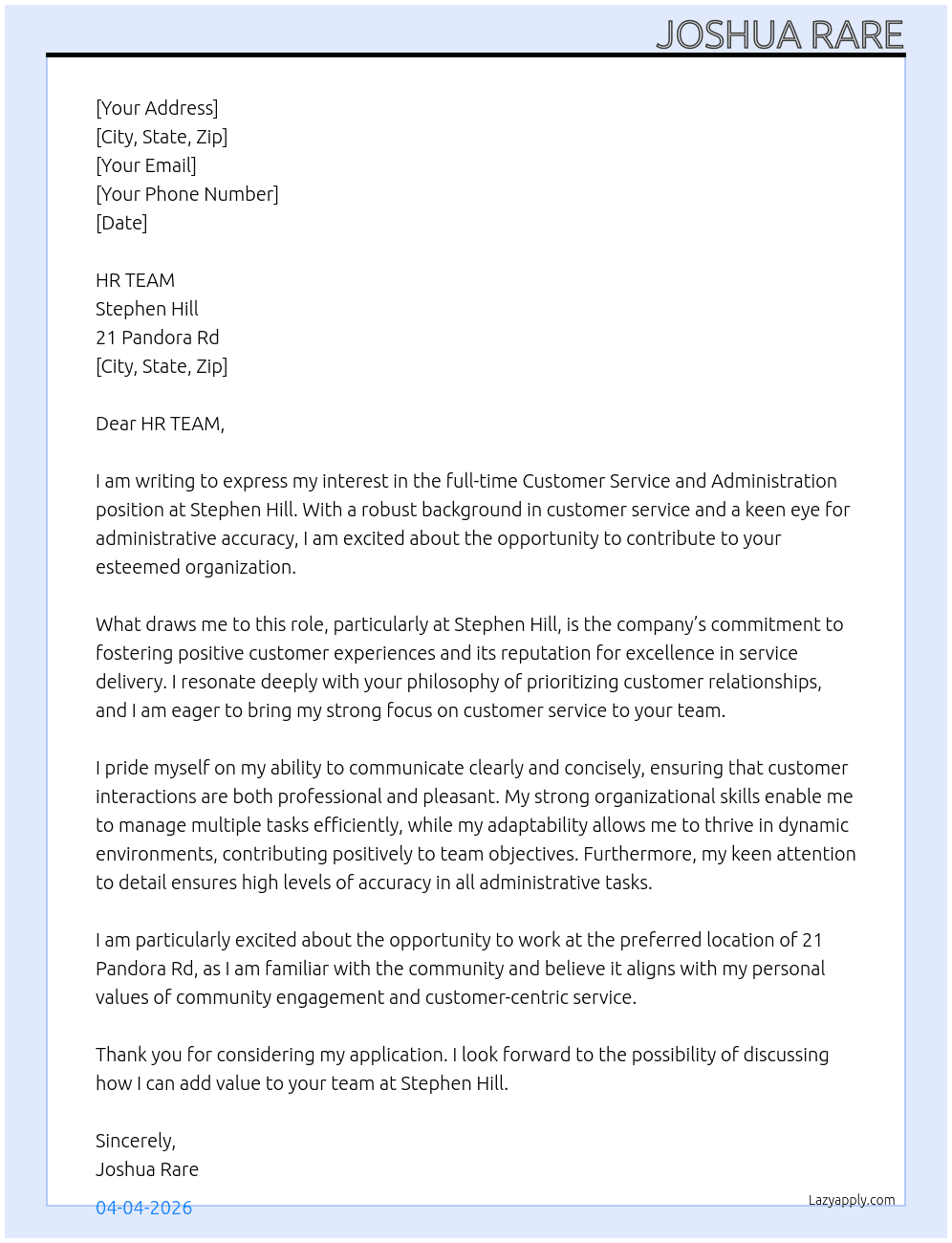 Cover letter for customer service and administration - LazyApply