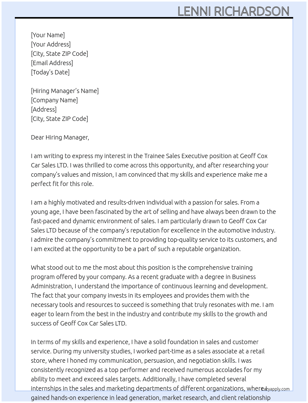 Trainee sales executive At Geoff Cox Car Sales LTD Cover Letter