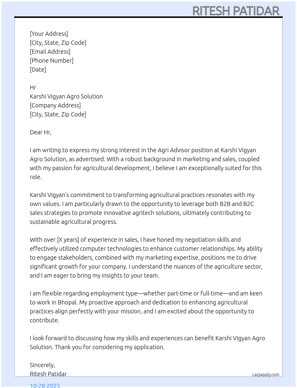 Agri advisor  At Karshi vigyan agro solution Cover Letter