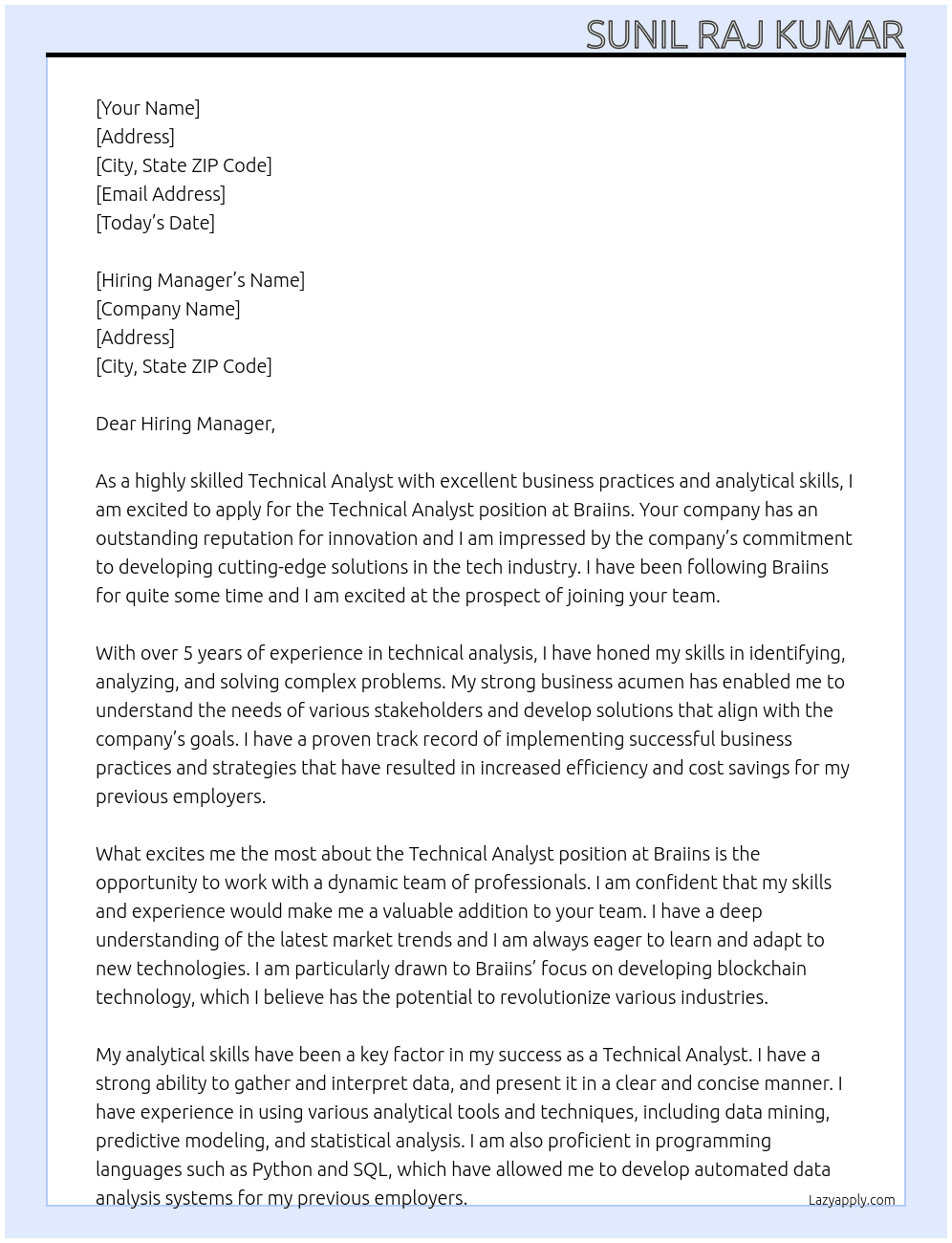 Technical Analyst At Braiins Cover Letter