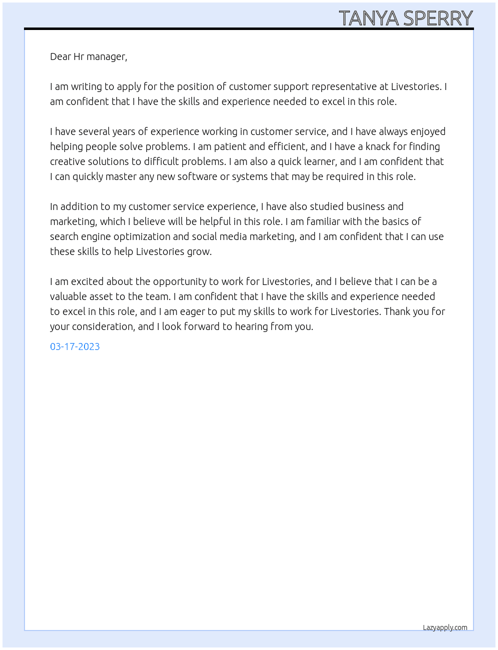 Customer support representative  At Livestories  Cover Letter