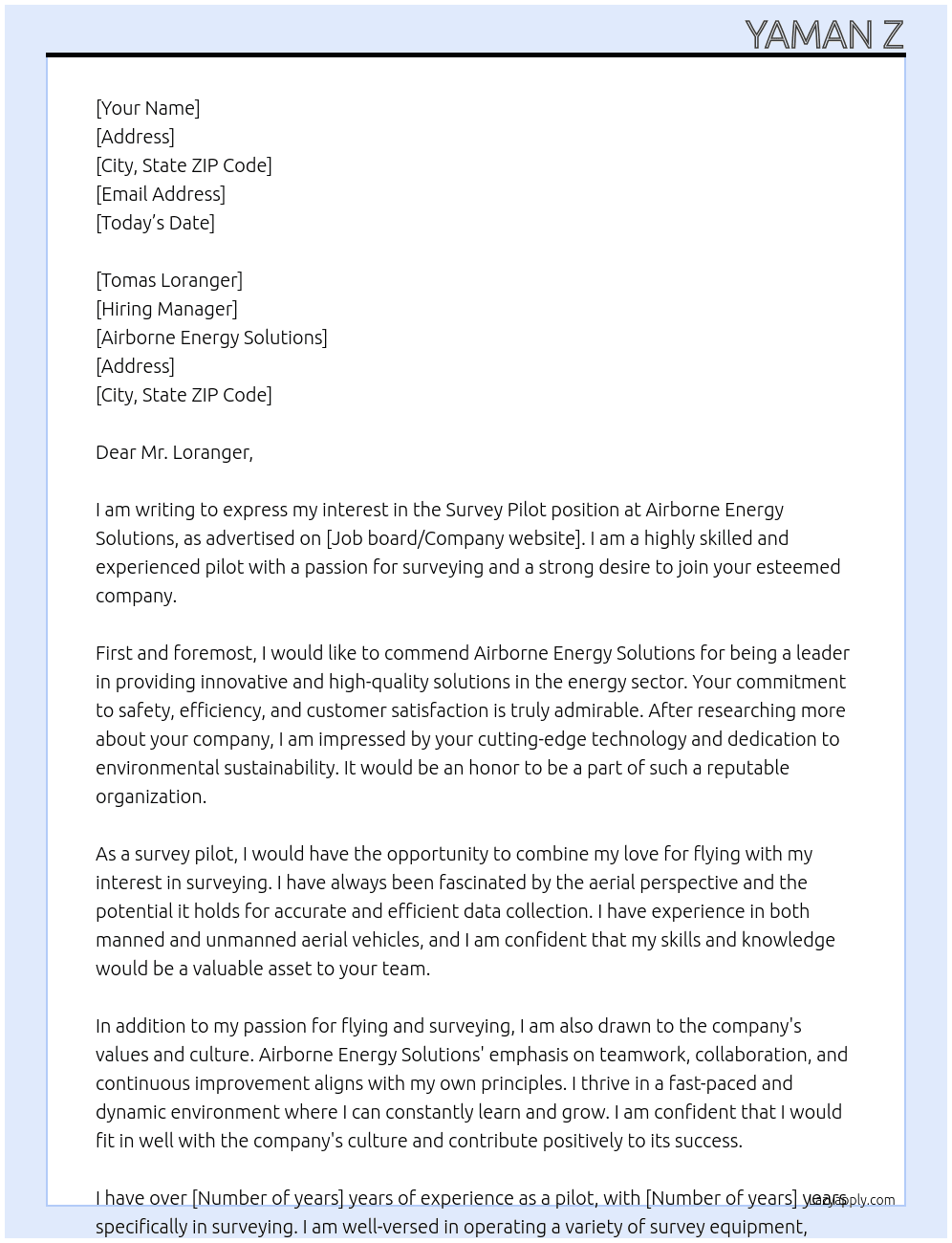 survey pilot At airborne energy solutions Cover Letter