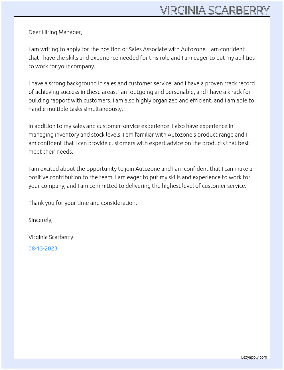 Sales Associate At Autozone Cover Letter