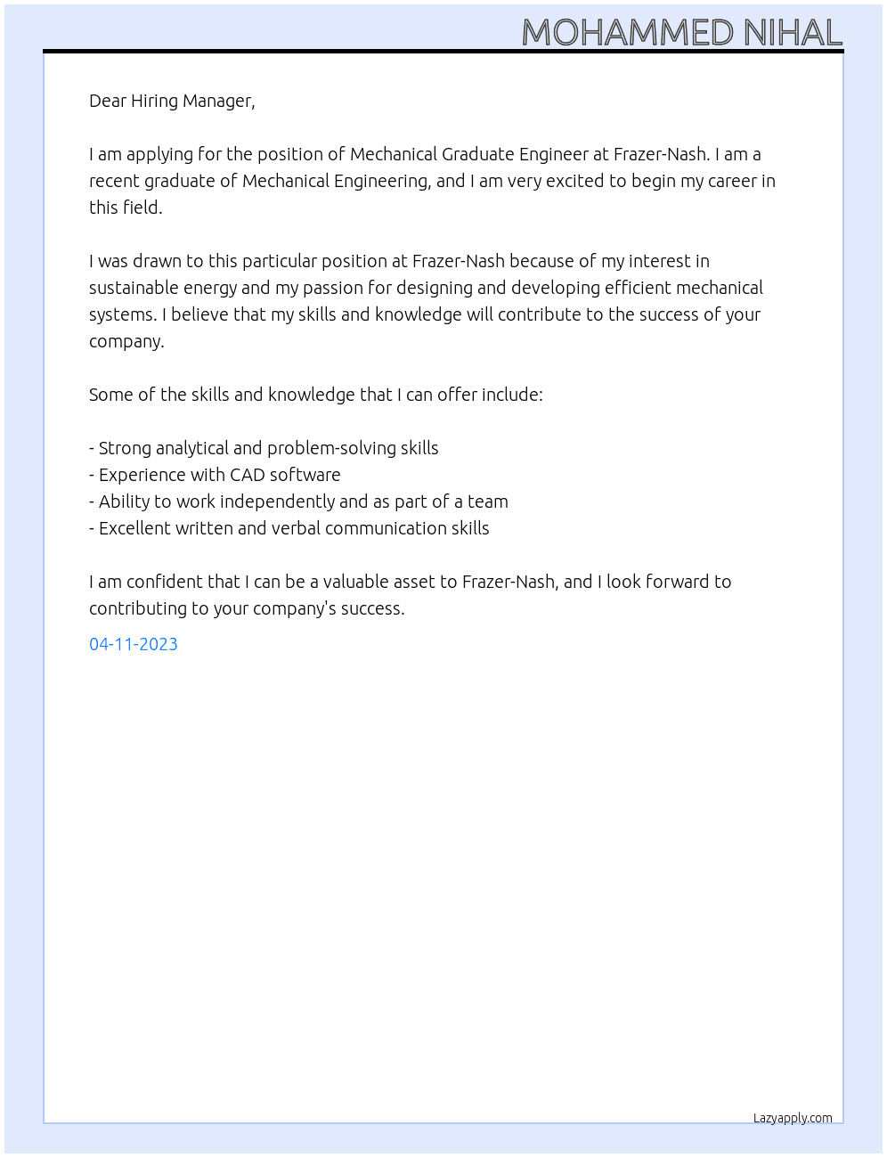 Mechanical Graduate Engineer At Frazer-Nash Cover Letter