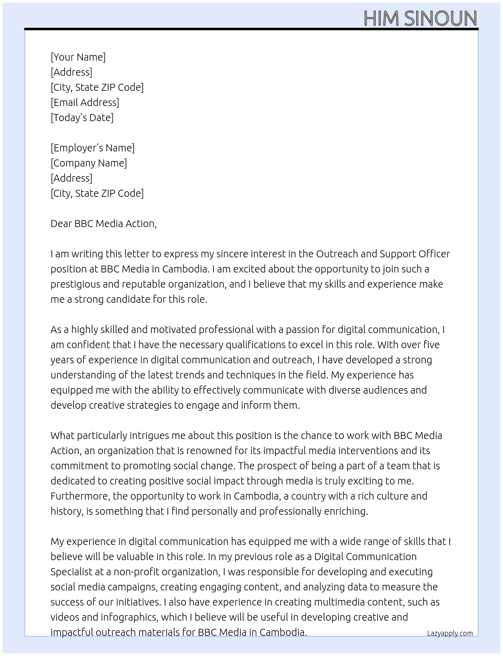 Outreach and Support Officer At BBC Media in Cambodai Cover Letter