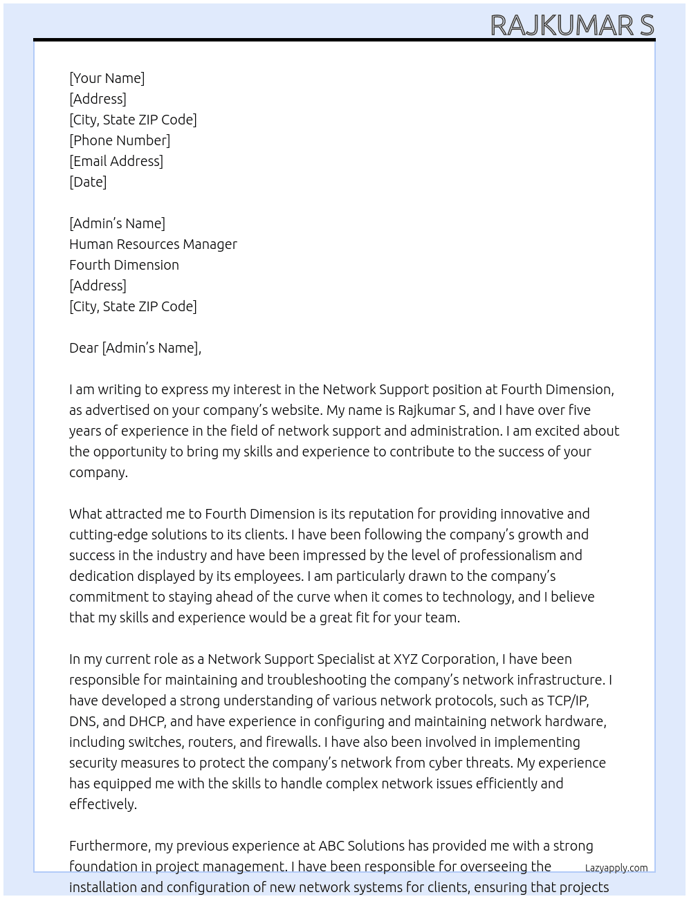 Network Support  At Fourth Dimnsion Cover Letter