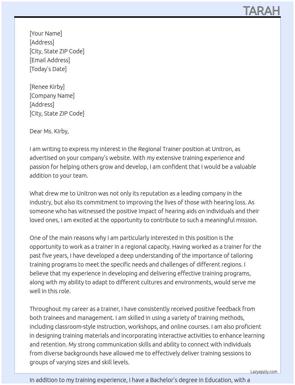 Regional Trainer At Unitron Cover Letter