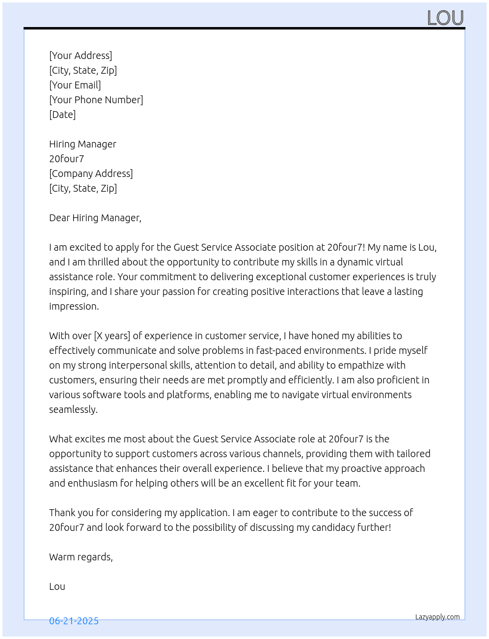 guest service associate At 20four7 Cover Letter