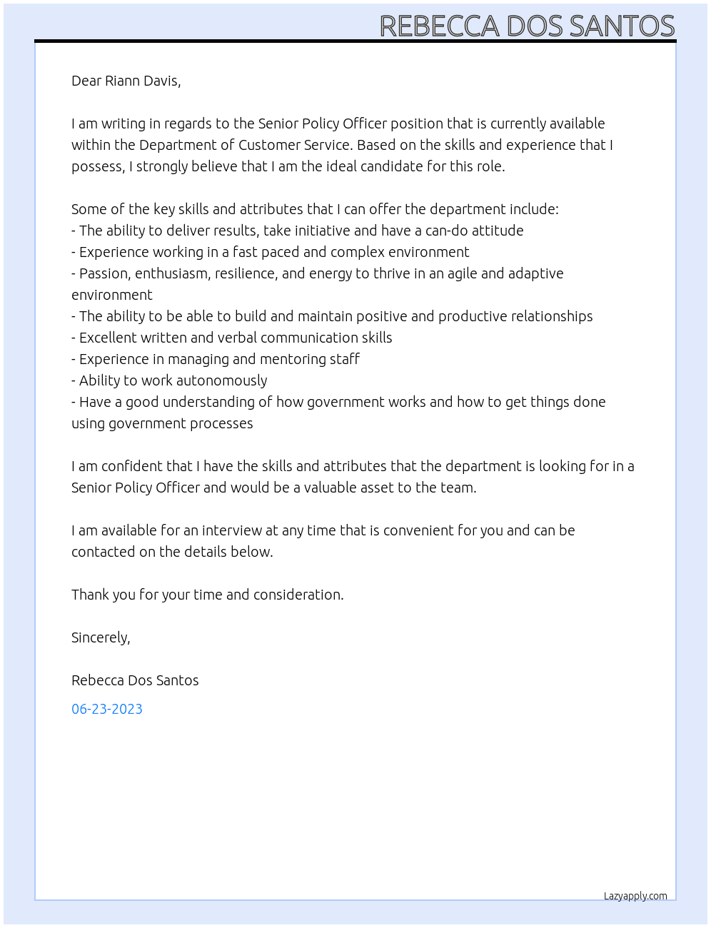 Senior Policy Offcier At Department of Customer Service Cover Letter