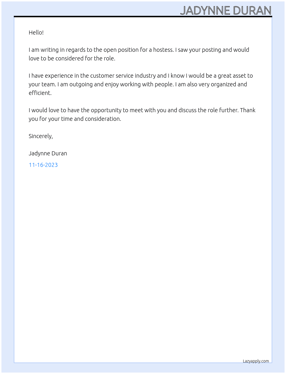 hostess At any company  Cover Letter