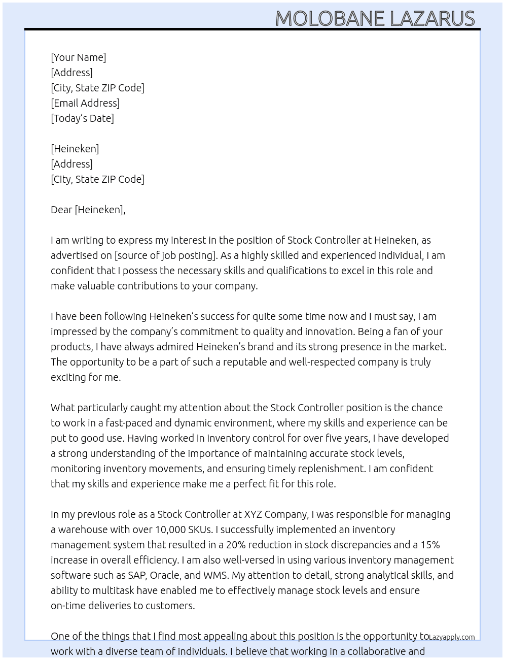Stock controller  At Heineken  Cover Letter