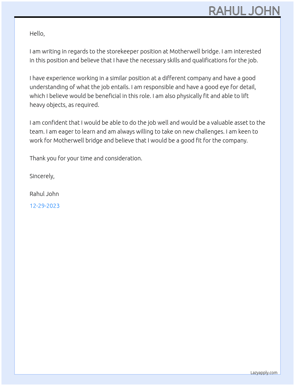 Storekeeper  At Motherwell bridge  Cover Letter