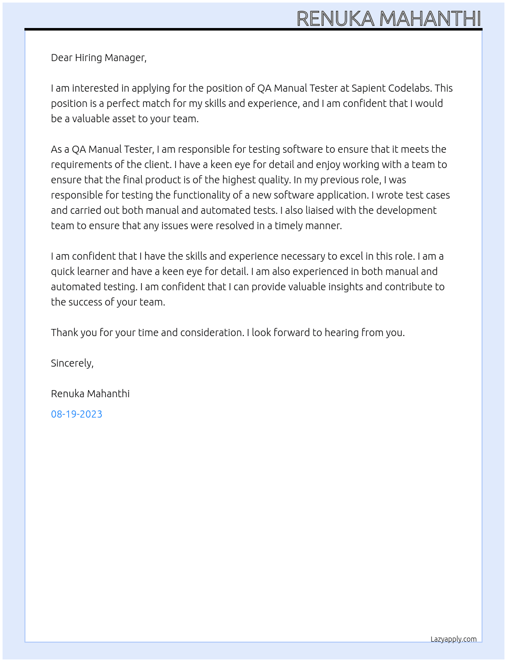 QA Manual Tester  At Sapient Codelabs Cover Letter