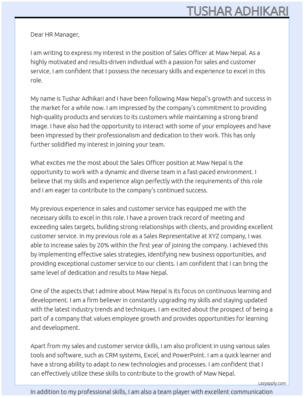 sales officer At maw nepal Cover Letter