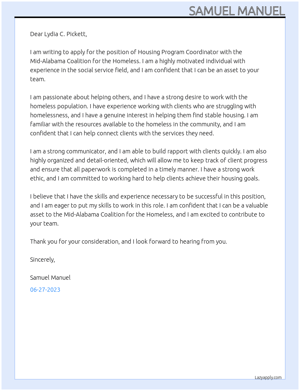 Housing Program Coordinator At Mid-Alabama Coalition for the Homeless Cover Letter