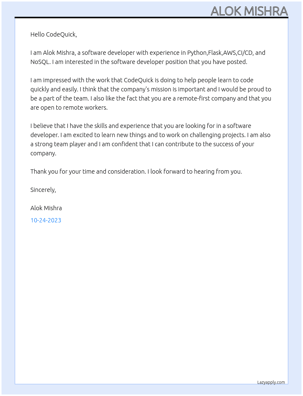 Software Developer At CodeQuick Cover Letter