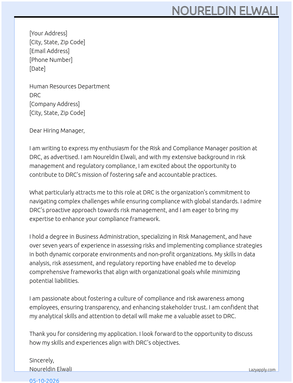 Riska and Compliance Manager  At DRC Cover Letter