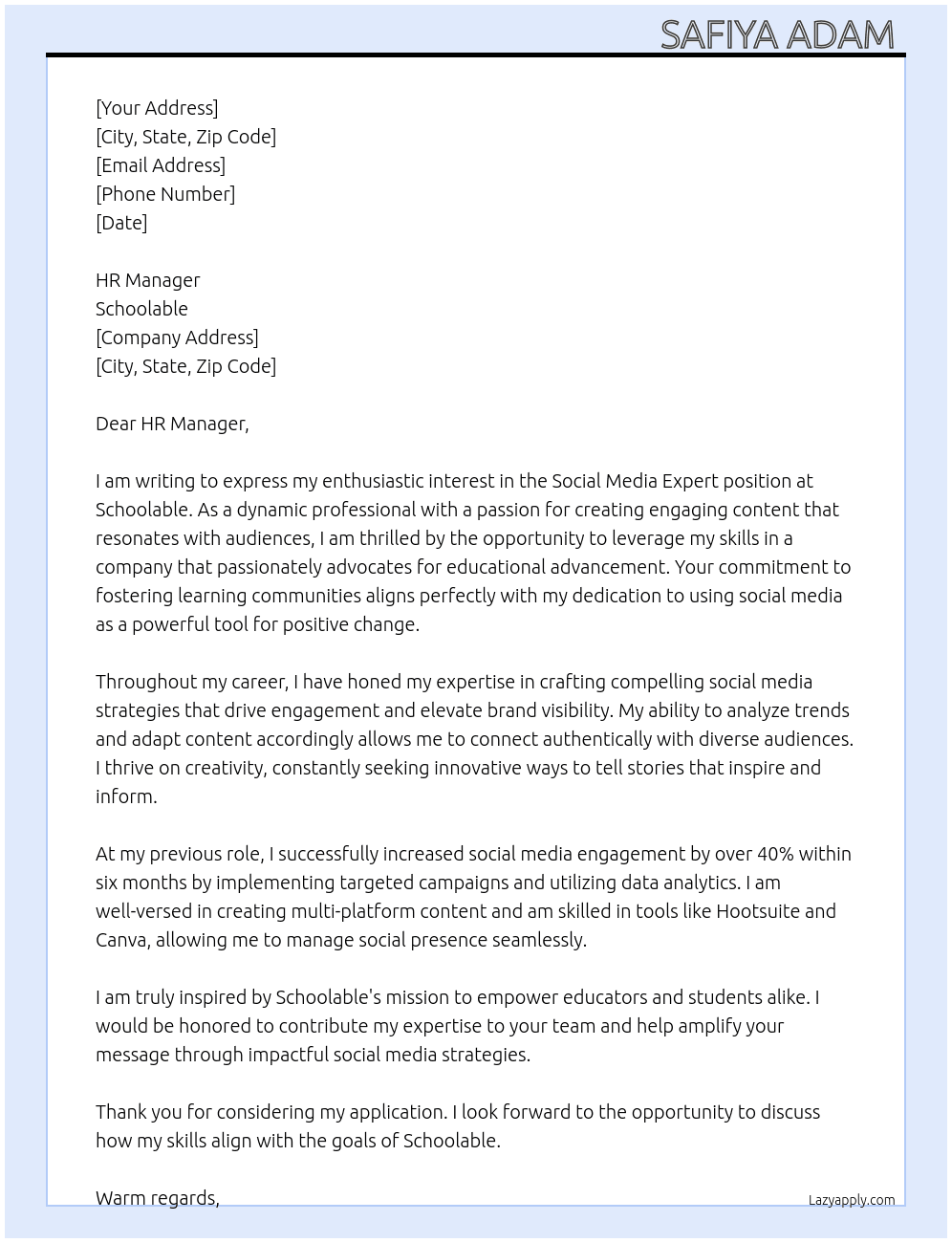 Social media expert At Schoolable Cover Letter