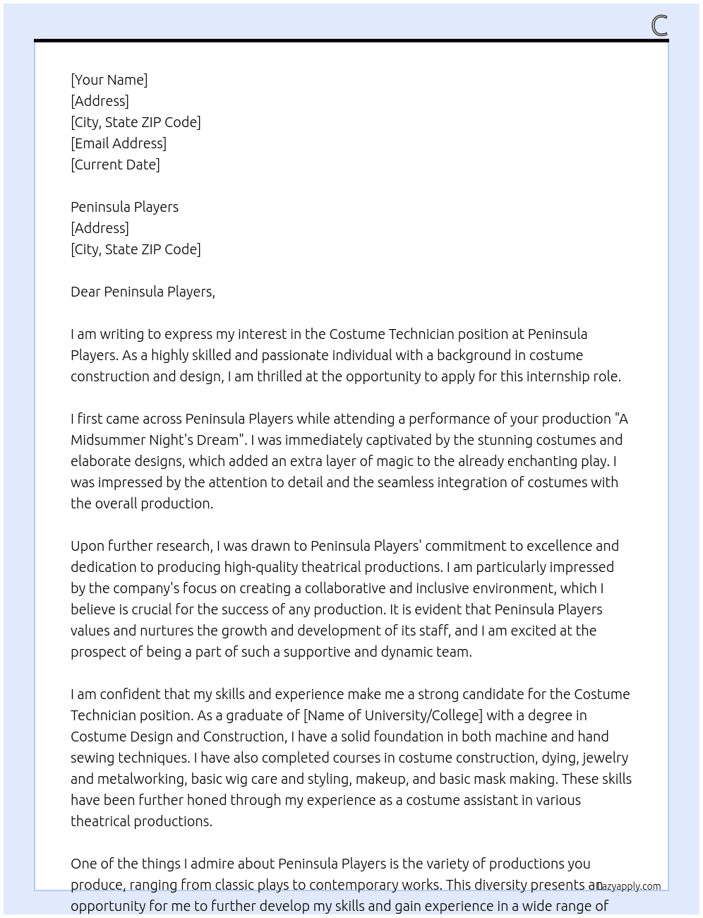 Costume Tecnician At Peninsula Players Cover Letter