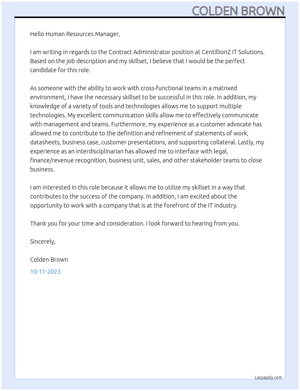 Contract Administrator At CentillionZ IT Solutions Cover Letter