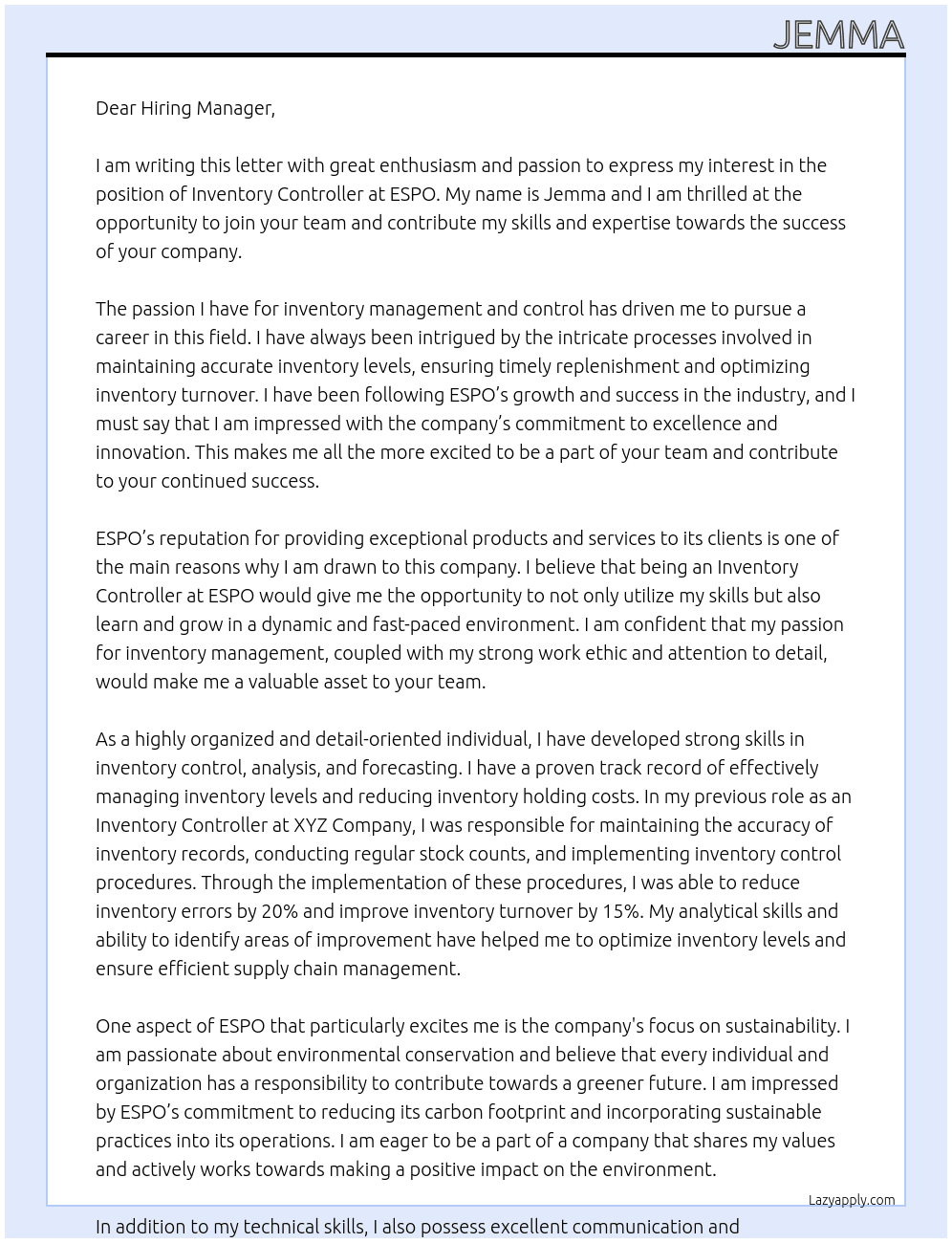 Inventory controller At ESPO Cover Letter