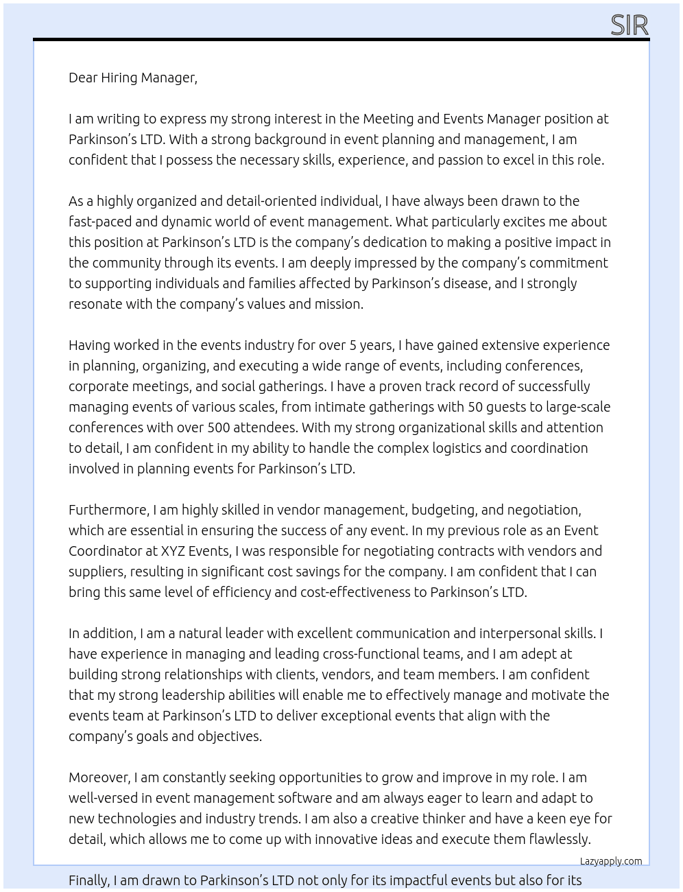 Meeting and events manager At Parkinson’s LTD Cover Letter