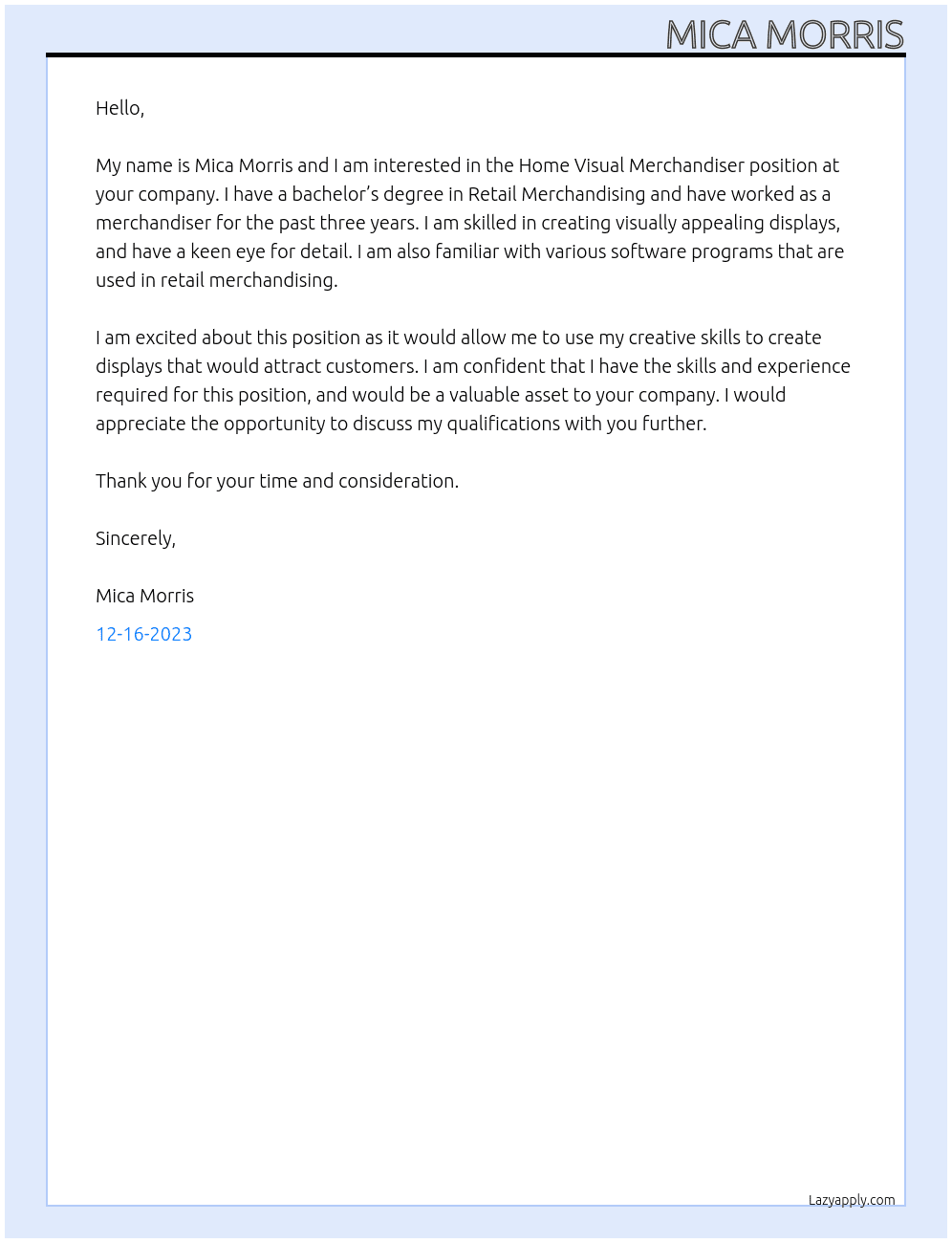 home visual merchandiser   At mica Cover Letter