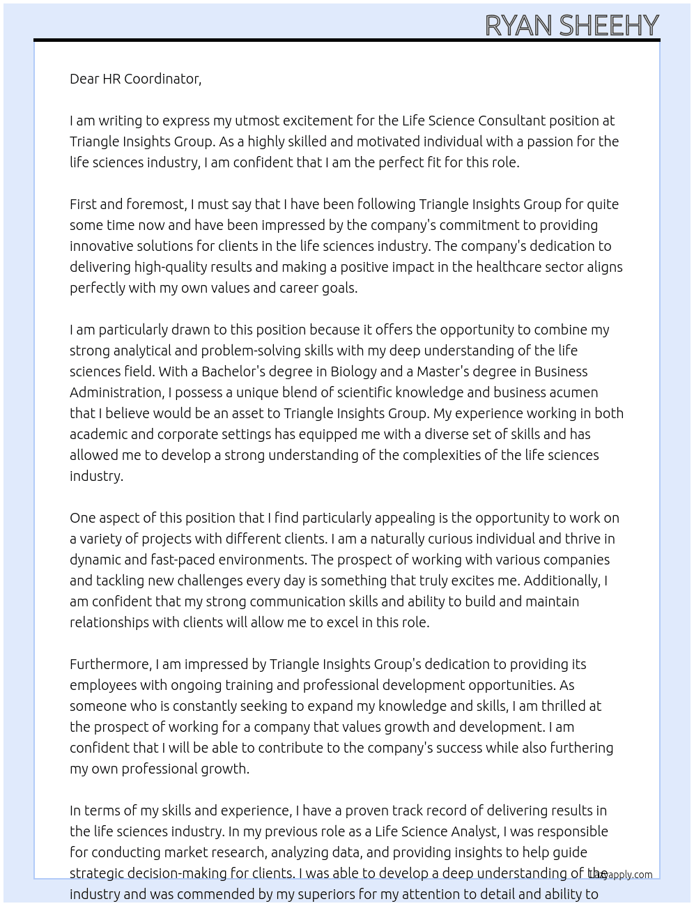 Life Science Consultant At Triangle Insights Group Cover Letter