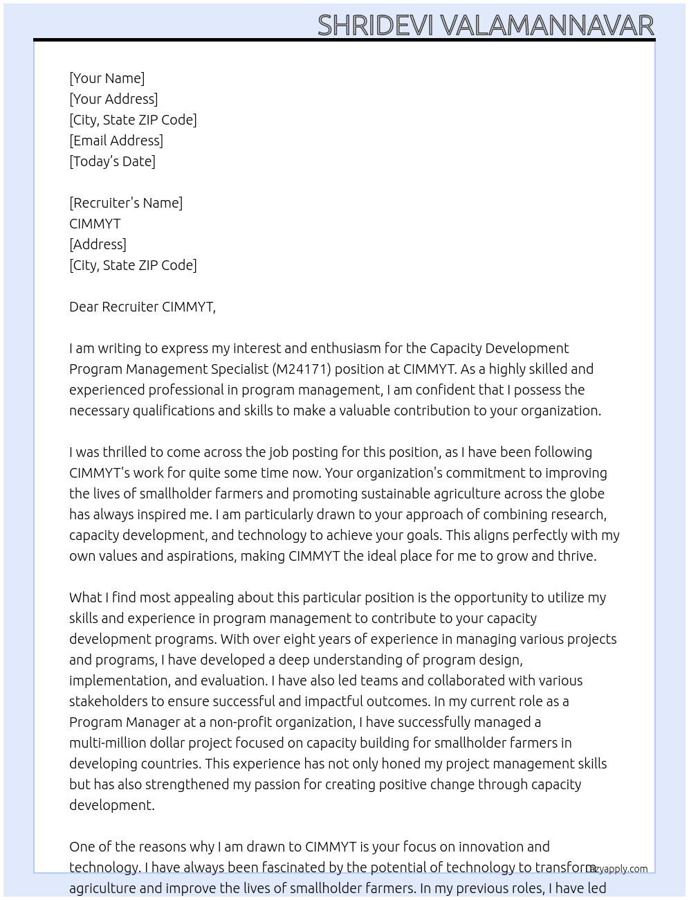 Capacity Development Program Management Specialist (M24171) position at the CYMMYT At CIMMYT Cover Letter