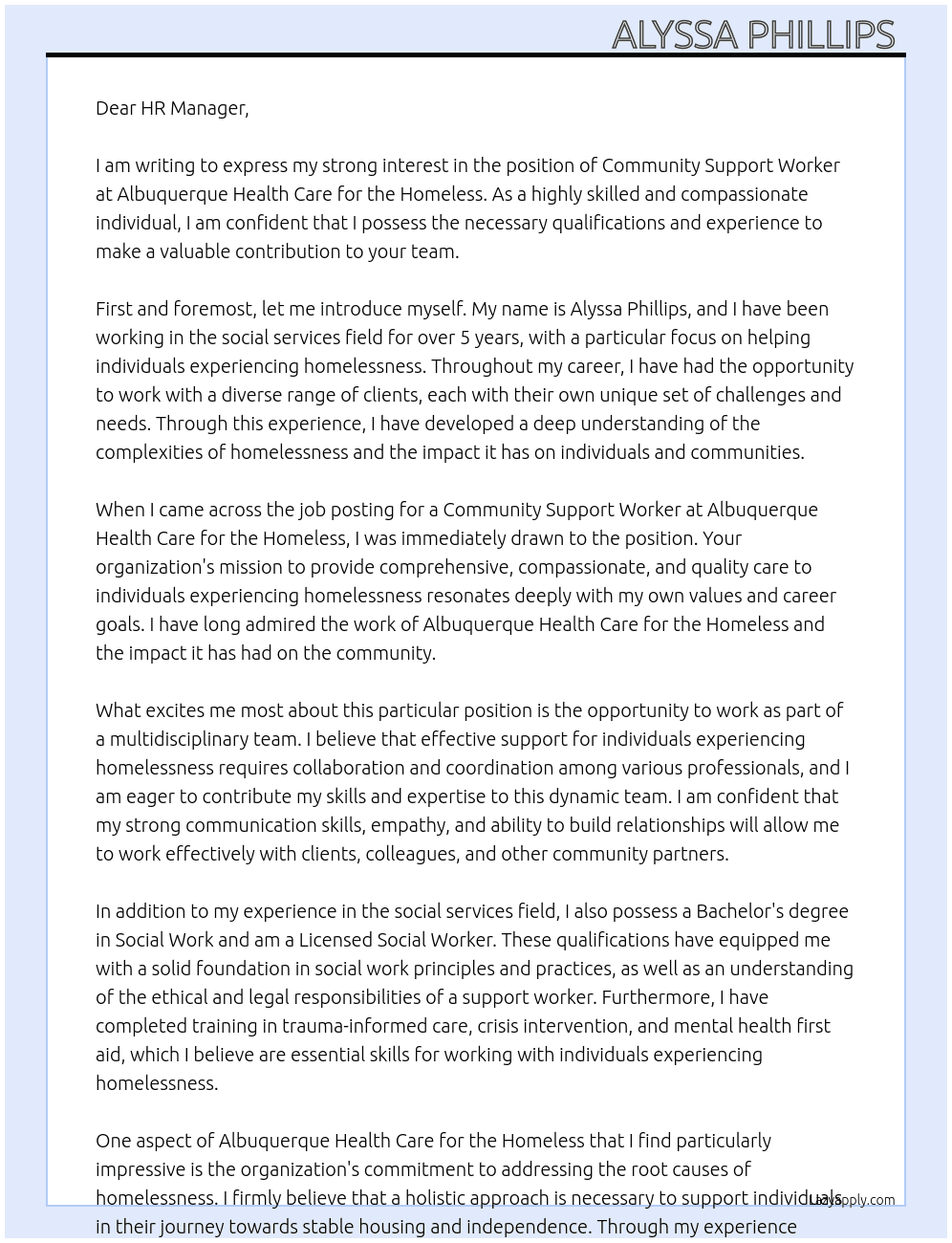 Community Support Worker  At Albuquerque Health care for the Homeless Cover Letter