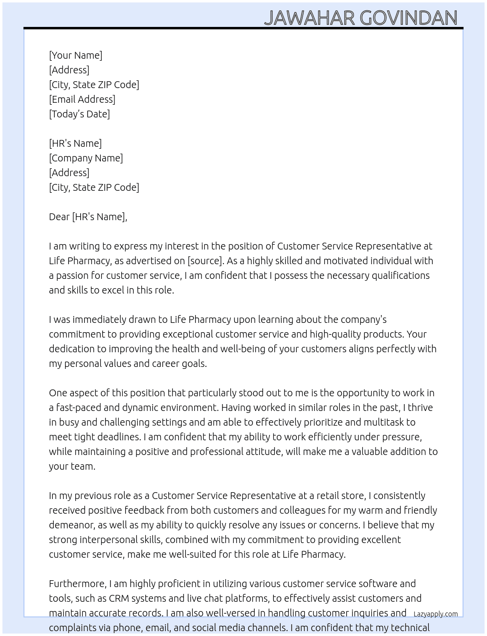 Customer service representative  At Life pharmacy  Cover Letter