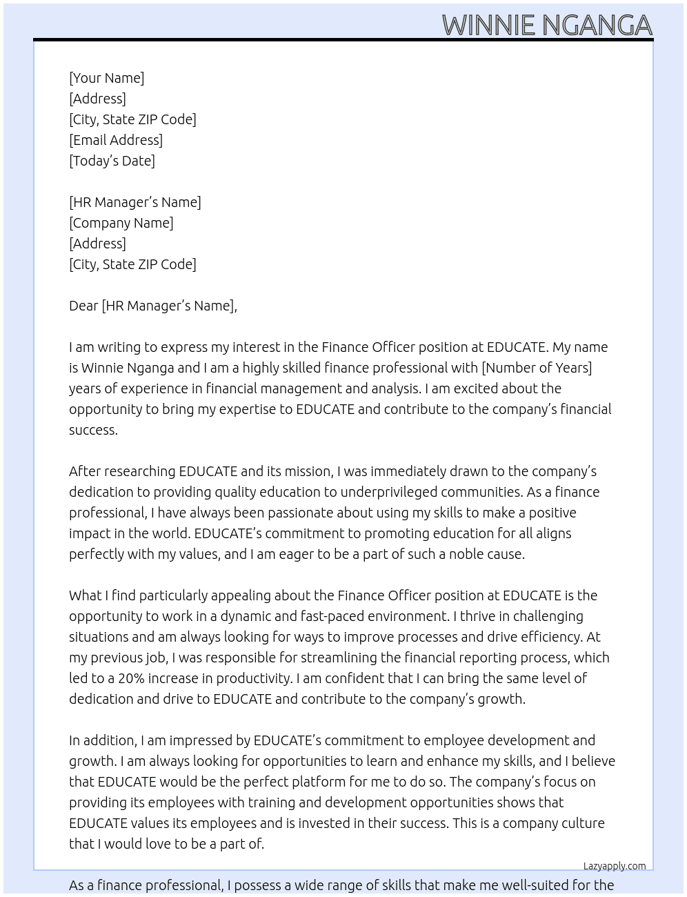 FINANCE OFFICER At EDUCATE Cover Letter