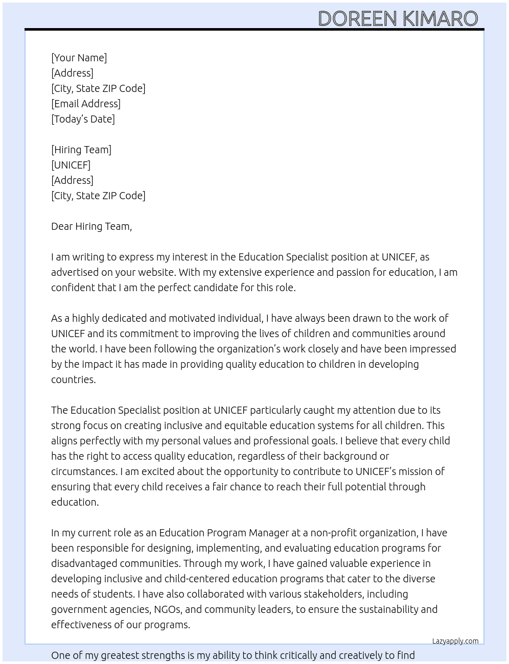 Cover letter for education specialist - LazyApply