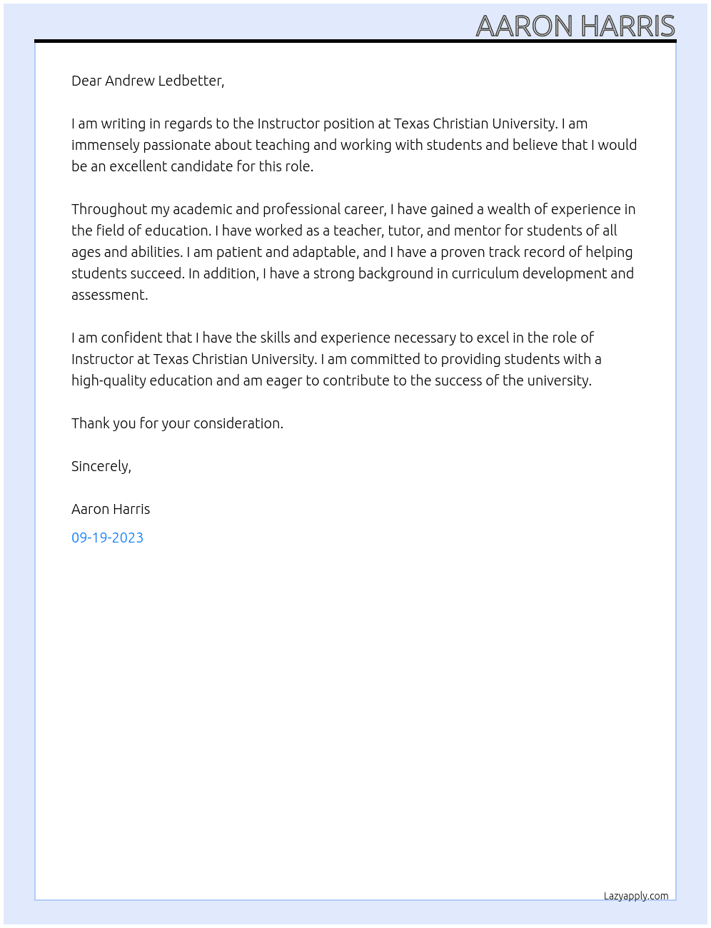 Instructor At Texas Christian University Cover Letter