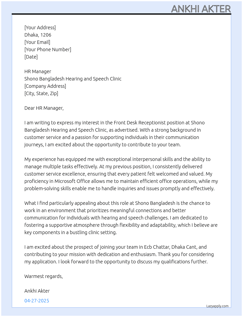 Front Desk Receptionist  At Shono Bangladesh Hearing and Speech Clinic Cover Letter