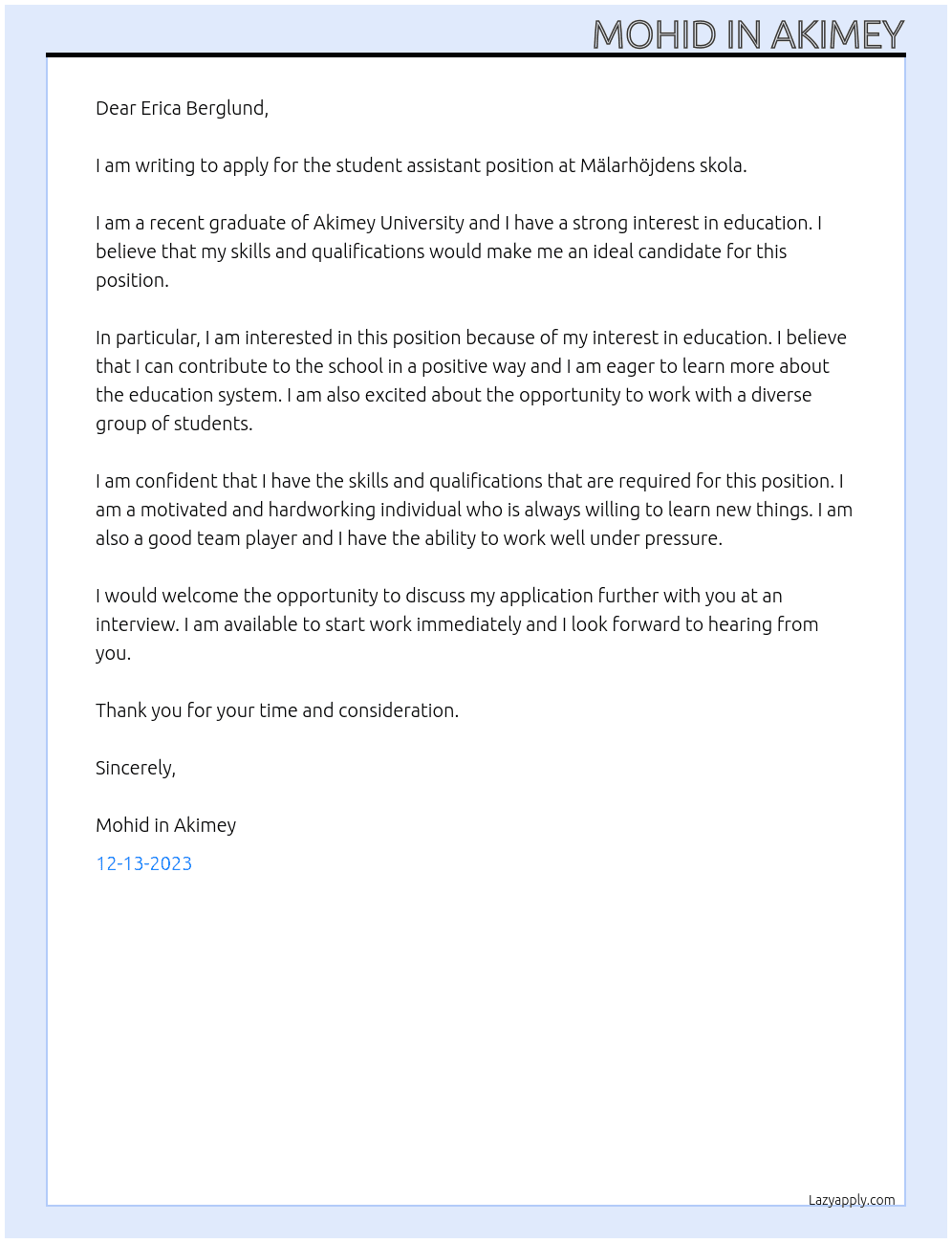 The student assistant's  At Mälarhöjdens skola  Cover Letter