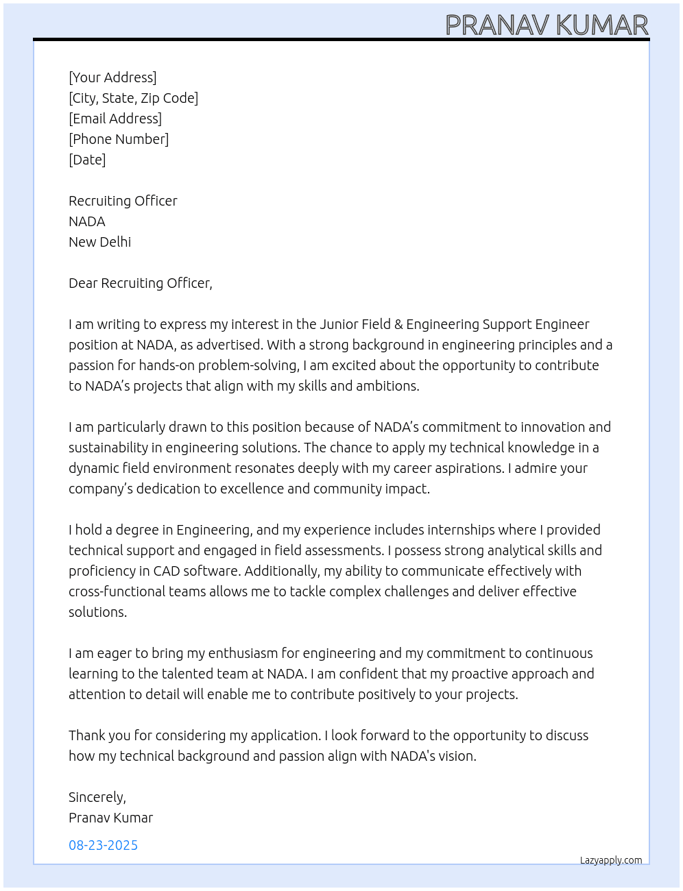 Junior Field & Engineering support engineer At NADA ,NEW DELHI Cover Letter