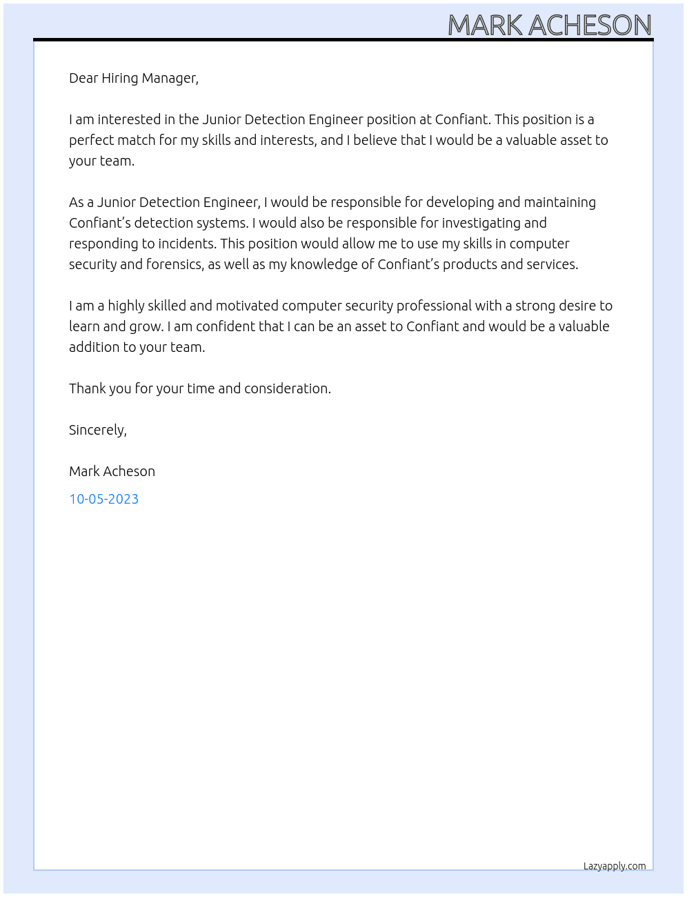 Junior Detection Engineer At Confiant Cover Letter