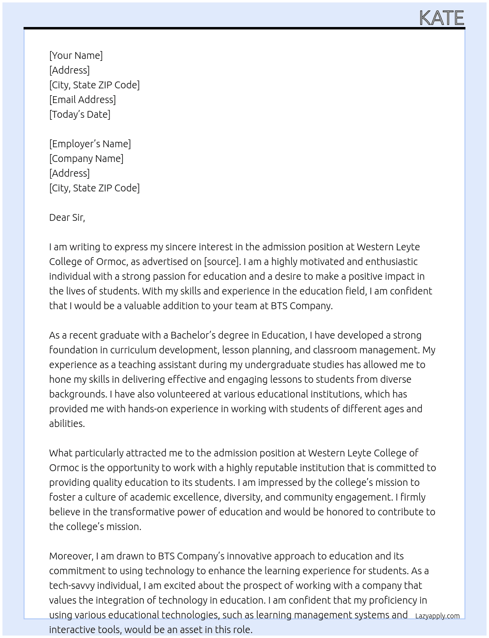 admission at Western Leyte College of Ormoc  At BTS company  Cover Letter
